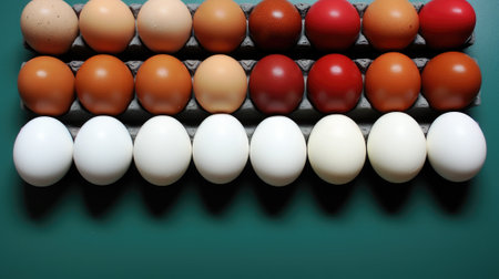 A row of eggs sitting on top of a green table. Generative AI image.の素材