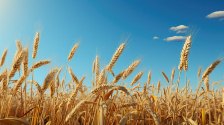 A field of wheat with a blue sky in the background. Generative AI image.の素材
