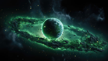An image of a green planet in space. Generative AI image.の素材