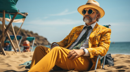 A man in a yellow suit and tie sitting on a beach. Generative AI image.の素材