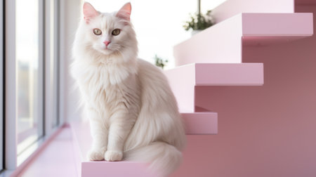 A white cat sitting on top of a set of stairs. Generative AI image.の素材