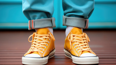 A close up of a person wearing yellow sneakers. Generative AI image.の素材