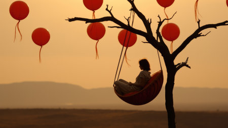 A person sitting in a hammock hanging from a tree. Generative AI image.の素材