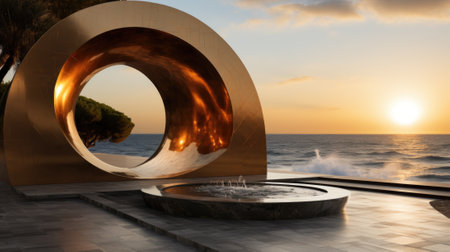 A fountain with a circular design in front of a sunset. Generative AI image.の素材