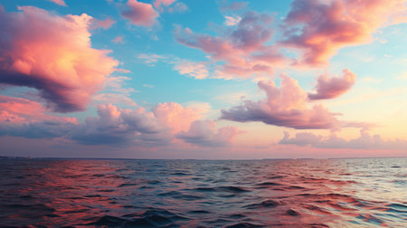 A view of a body of water with clouds in the sky. Generative AI image.の素材