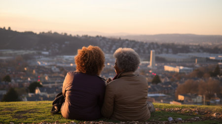 A couple of women sitting on top of a hill. Generative AI image.の素材