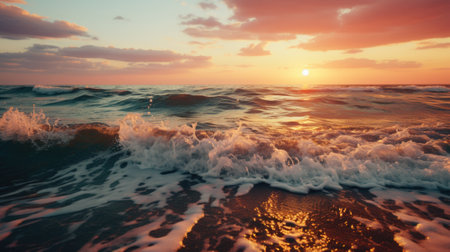 The sun is setting over the ocean waves. Generative AI image.の素材