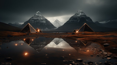 A group of tents sitting on top of a grass covered field. Generative AI image.の素材