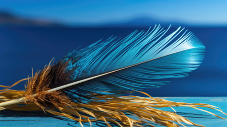 A close up of a feather on a table. Generative AI image.の素材