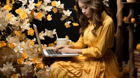 A woman in a yellow dress using a laptop. Generative AI image.の素材