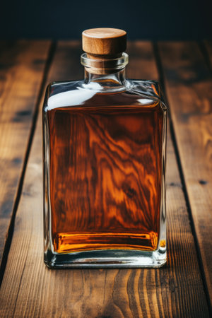 A bottle of whiskey sitting on a wooden table. Generative AI image.の素材
