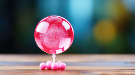 A pink lollipop sitting on top of a wooden table. Generative AI image.の素材