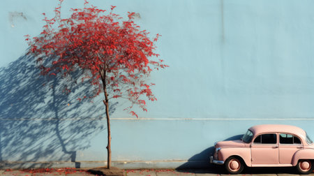 A pink car parked next to a tree with red leaves. Generative AI image.の素材