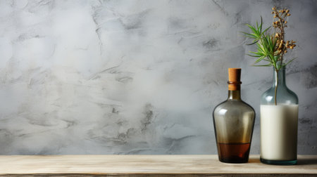 A couple of bottles sitting on top of a wooden table. Generative AI image.の素材