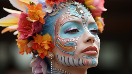 A close up of a person with a face paint. Generative AI image.の素材