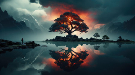 A man standing in front of a lake under a cloudy sky. Generative AI image.の素材