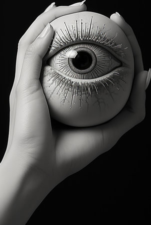 A person holding a ball with an eye painted on it. Generative AI image.の素材