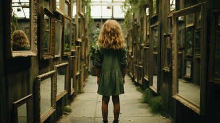 A little girl walking down a narrow walkway. Generative AI image.の素材