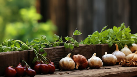 A row of garlic and other vegetables on a table. Generative AI image.の素材
