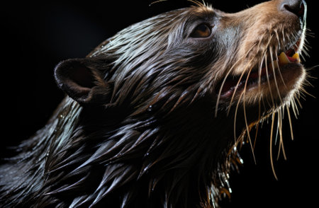 A close up of a wet dogs head. Generative AI image.の素材