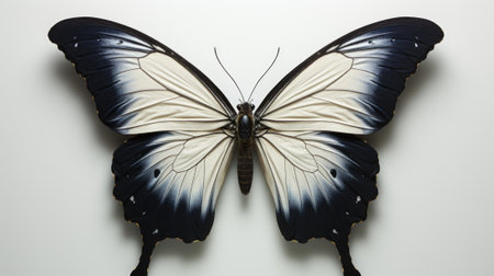 A black and white butterfly on a white wall. Generative AI image.の素材