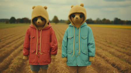 Two teddy bears wearing jackets standing in a field. Generative AI image.の素材