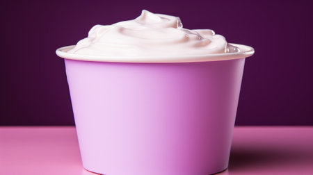 A cup of whipped cream on a pink surface. Generative AI image.の素材