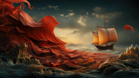 A painting of a boat in the middle of the ocean. Generative AI image.の素材