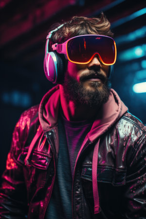 A man wearing headphones and a leather jacket. Generative AI image.の素材