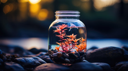 A glass jar filled with plants and rocks. Generative AI image.の素材