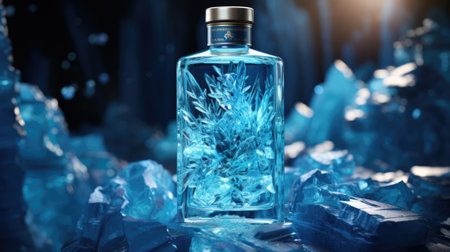 A bottle of water sitting on top of a pile of blue crystals. Generative AI image.の素材