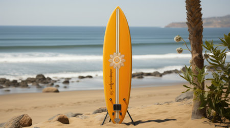 A yellow surfboard sitting on top of a sandy beach. Generative AI image.の素材