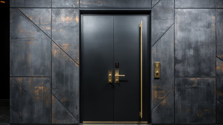 A black door with a gold handle in a building. Generative AI image.の素材