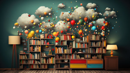 A bookshelf filled with lots of books and balloons. Generative AI image.の素材