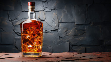 A bottle of whiskey sitting on top of a table. Generative AI image.の素材