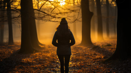 A woman standing in the middle of a forest at sunset. Generative AI image.の素材