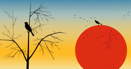 A couple of birds sitting on top of a tree. Generative AI image.の素材