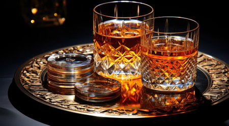 Three glasses of whiskey on a tray. Generative AI image.の素材