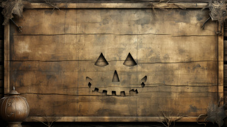 A wooden sign with a carved face on it. Generative AI image.の素材