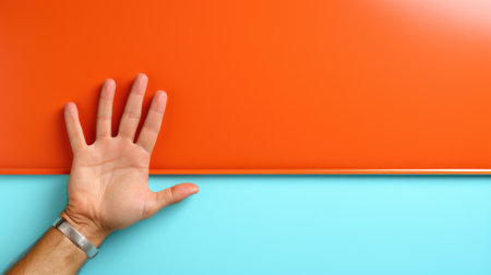 A person holding their hand up against an orange and blue wall. Generative AI image.の素材