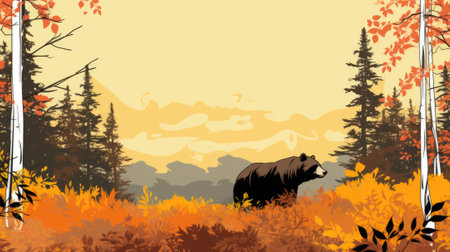 A bear is walking through the woods in the fall. Generative AI image.の素材