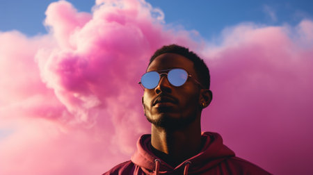 A man in a hoodie and sunglasses standing in front of a pink cloud. Generative AI image.の素材