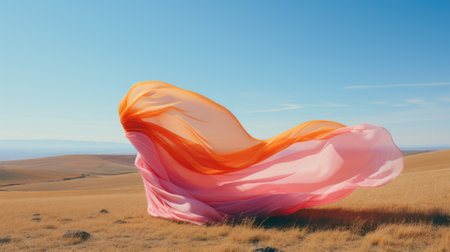 A woman in a pink and orange dress standing in a field. Generative AI image.の素材