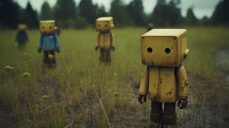 A group of yellow robots standing in a field. Generative AI image.の素材