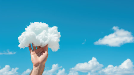 A person holding a cloud in the air. Generative AI image.の素材