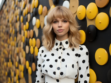 A woman standing in front of a wall covered in circles. Generative AI image.の素材