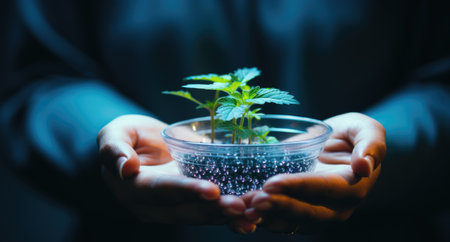 A person holding a small plant in a bowl. Generative AI image.の素材