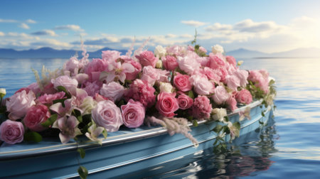 A row boat filled with lots of pink flowers. Generative AI image.の素材