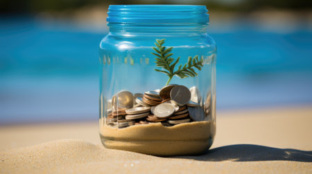 A jar filled with coins and a plant growing out of it. Generative AI image.の素材