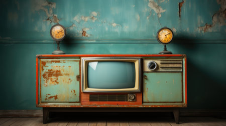 An old television set sitting on top of a wooden table. Generative AI image.の素材